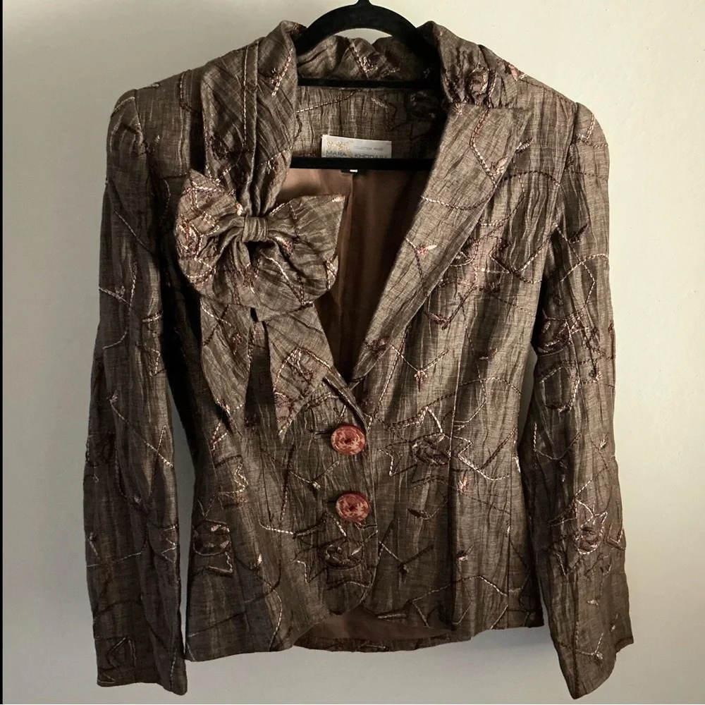 Scrumptious Vintage MARA KHODARA Embroidered Jacket w/ Statement Bow Brown Sz 4